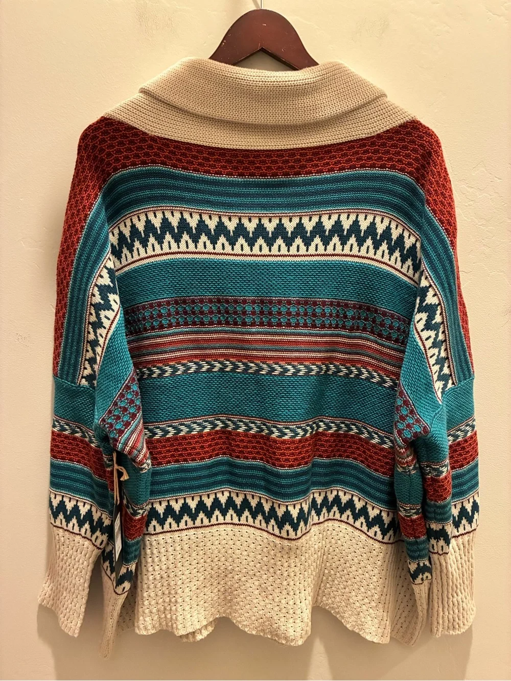 NWT Shyanne Cream, Teal & Rust Geometric Shawl Collar Cardigan Size L